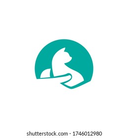 Cat In Human Hand In Blue Circle. Veterinary Logo. Pet's Shop. Animal Protection, Care Concept. Icon Isolated On White. Vector Flat Illustration. 