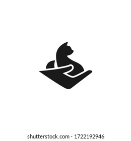 Cat in human hand. veterinary logo. Pet's shop. Animal protection, care concept. icon isolated on white. Vector flat illustration. 