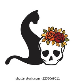 cat with human scull decorated with flowers