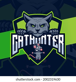 cat hunter logo designs with cat and mouse mascot character for game and animal logo