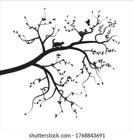 Cat Hunting Bird In Tree, Vector Line