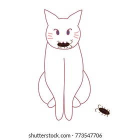 Cat Hunting Cockroach. Vector illustration. isolated on White Background.
