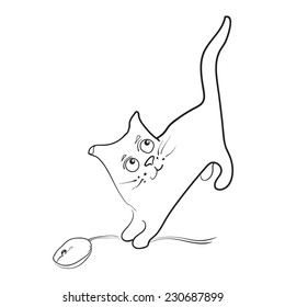 Cat is hunting for computer mouse. Vector.