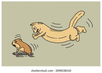 A cat hunts down a guinea pig or hamster that rides a skateboard. Doodle style. Vector illustration