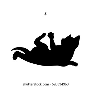 Cat hunts the fly, black silhouette on white background. Vector illustration