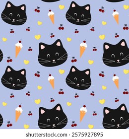 Cat, ice cream, cherry on purple background, fabric pattern, wrapping paper, notebook cover , seamless pattern 