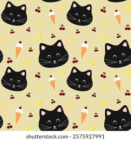 Cat, ice cream, cherry on yellow background, fabric pattern, wrapping paper, notebook cover , seamless pattern 