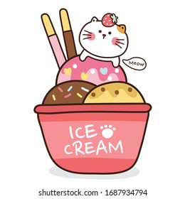 Cat ice cream in cup. Strawberry ,chocolate, vanilla flavors. Meow writing. Cartoon kitty design. Dessert hand drawn background. Can be use for card, T-shirt print, Kids wear. Vector. Illustration.