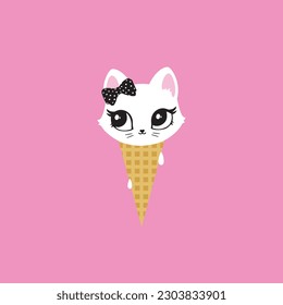 Cat ice cream dessert trendy snack cute face kids room decor poster logo t-shirt design print nursery little sweet kitten bow abstract inspiration sketch baby shower symbol trendy dessert snack