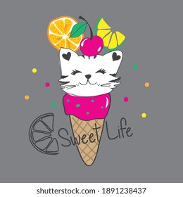 cat ice cream with fruits vector illustration
