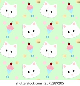 Cat, ice cream on green background, fabric pattern, wrapping paper, notebook cover , seamless pattern 