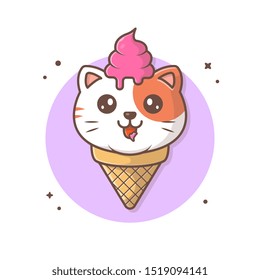 Cat Ice Cream Vector Icon Illustration. Cat And Ice Cream Cone, Animal Icon Concept White Isolated. Flat Cartoon Style Suitable for Web Landing Page, Banner, Sticker, Background