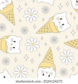 Cat ice cream vector seamless pattern. Cat lover vibes background. 