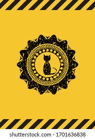 cat icon black grunge emblem, yellow warning sign. Vector Illustration. Detailed.