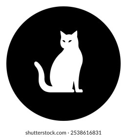 A cat icon in the center. Isolated white symbol in black circle. Vector illustration on white background