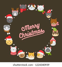 cat icon in Christmas and winter costume arrange as circle shape. with merry Christmas typography, flat design for use as poster or backdrop