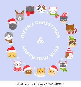 cat icon in Christmas and winter costume arrange as circle shape. with merry Christmas typography, flat design for use as poster or backdrop