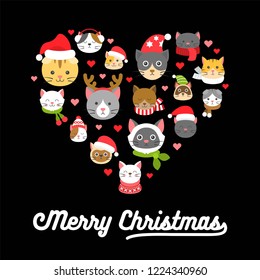 cat icon in Christmas and winter costume arrange as heart shape. with merry Christmas typography, flat design for use as poster or backdrop