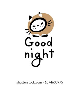 Cat icon and Good Night lettering. Hand-drawn cartoon collection. Vector illustration.