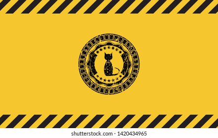 cat icon grunge black emblem with yellow background, warning sign. Vector Illustration. Detailed.