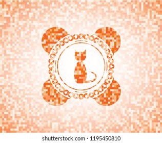 cat icon inside abstract emblem, orange mosaic background