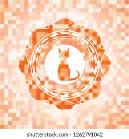 cat icon inside abstract emblem, orange mosaic background