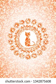 cat icon inside abstract emblem, orange mosaic background