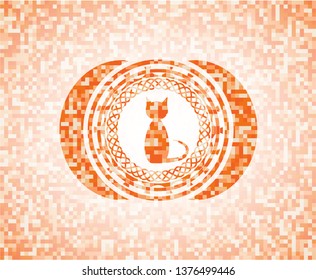 cat icon inside abstract emblem, orange mosaic background