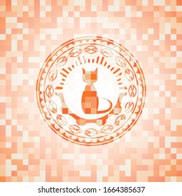 icono del gato dentro del emblema abstracto, fondo de mosaico naranja
