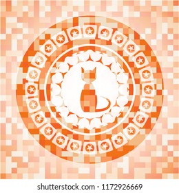 cat icon inside abstract orange mosaic emblem with background