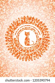 cat icon inside abstract orange mosaic emblem