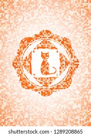 cat icon inside abstract orange mosaic emblem with background