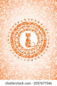 cat icon inside abstract orange mosaic emblem. 