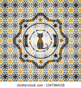 cat icon inside arabesque badge. arabic decoration.