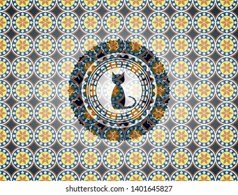 cat icon inside arabesque badge background. arabic decoration.