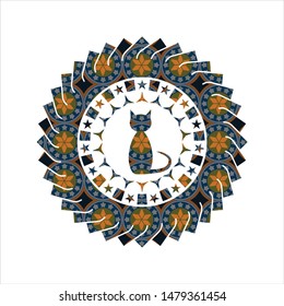 cat icon inside arabesque badge background. arabic decoration.