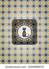 cat icon inside arabesque badge background. arabic decoration. 