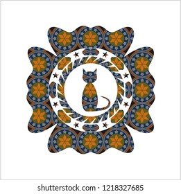 cat icon inside arabesque emblem background. arabic decoration.