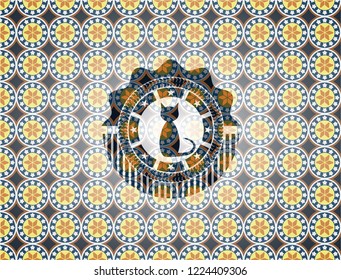 cat icon inside arabesque emblem. arabic decoration.