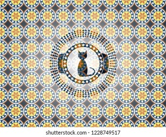 cat icon inside arabesque style badge. arabic decoration.