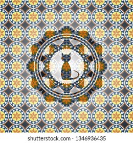 cat icon inside arabesque style badge. arabic decoration.