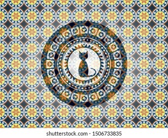 cat icon inside arabesque style badge. arabic decoration.
