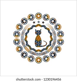 cat icon inside arabic badge background. Arabesque decoration.