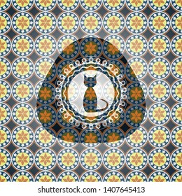 cat icon inside arabic badge background. Arabesque decoration.