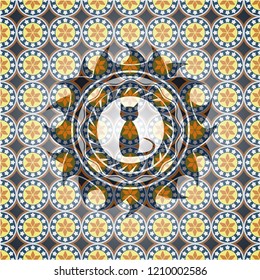 cat icon inside arabic emblem background. Arabesque decoration.