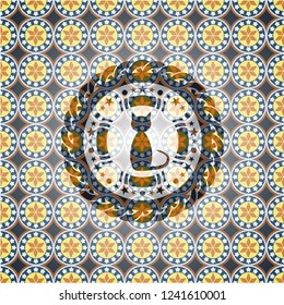 cat icon inside arabic emblem background. Arabesque decoration.