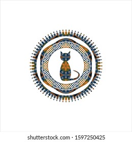 cat icon inside arabic emblem background. Arabesque decoration.