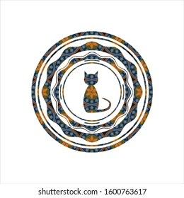 cat icon inside arabic emblem background. Arabesque decoration.