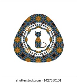 cat icon inside arabic style emblem. Arabesque decoration.