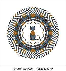 cat icon inside arabic style emblem. Arabesque decoration.
